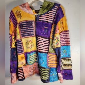 Rising International VTG Colorful Kangroo Pockets Hooded Y2K Patchwork sz L